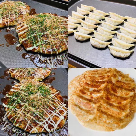 【Gluten-free Okonomiyaki and Gyoza】You can make two types of dishes: Okonomiyaki and Gyoza. This lesson does not use wheat flour, but rice flour.