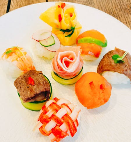 Wagyu beef Temari Sushi and Okonomiyaki Includes sake tasting comparison