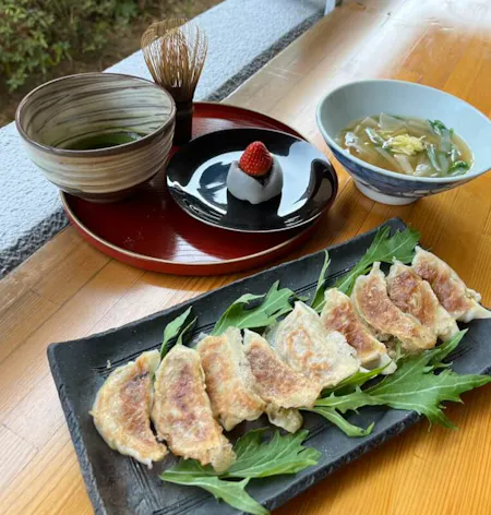 Vegetarian Gyoza and Wagashi - ' fruits Daifuku ' -with Matcha. "Vegetarian-Vegan, Gluten Free and Halal" For 2people and more If you are five or more, please ask us!