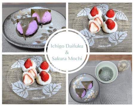 Strawberry daifuku & Sakura mochi. Speciality menu for Spring