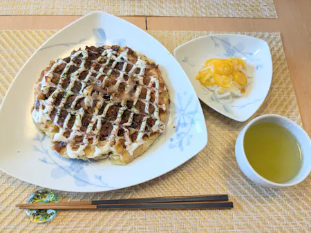 Solo Friendly Gluten-free Okonomiyaki with Homemade Sauce & Mayonnaise-vegetarian, vegan,halal friendly and any request of your needs.
