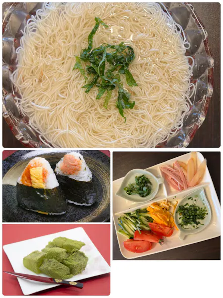 Flowing Cold Somen Noodles, Onigiri and Japanese Sweets, Mochi