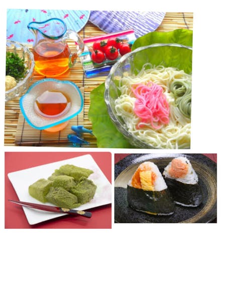 Flowing Cold Somen Noodles, Onigiri and 
Japanese Sweets, Mochi