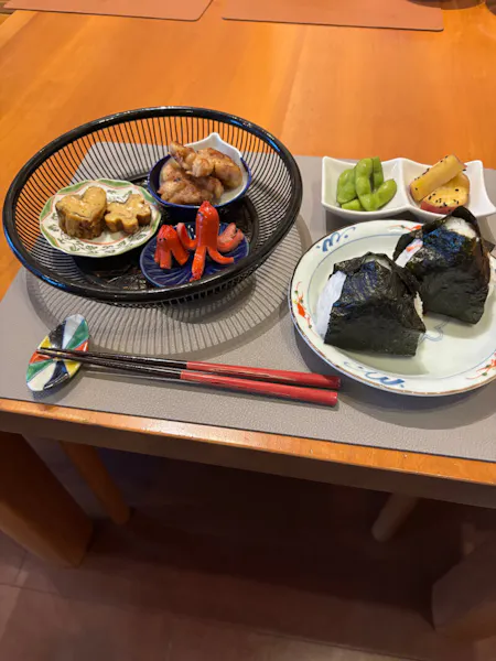 Simple Japanese lunch Onigiri, Miso-soup and Kara-age