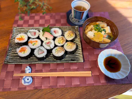 Thin rolls and miso soup made with homemade miso