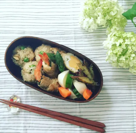 Seasonal bento made with traditional Japanese home cooking shiratama danngo and Roasted tea