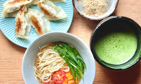 Vegan Soy Sauce Ramen & Gyoza with Matcha