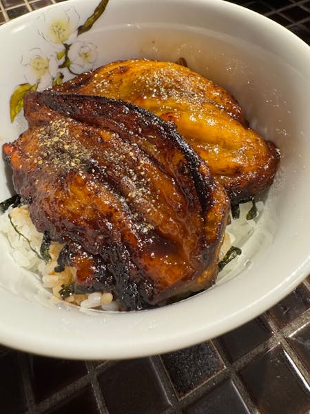 Fake Eel Rice Bowl!! Served with a Chikuzenni  (Thick fried tofu and vegetable stew) and miso soup, perfect for vegetarians and vegans who want to eat eel.