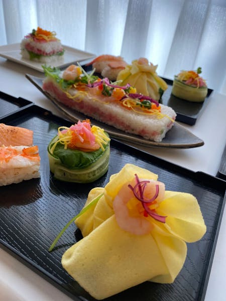 Colorful sushi and Tea Ceremony wearing kimono