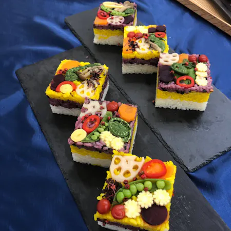 Colorful Oshi sushi （Pressed sushi）, Japanese style soup, 3 Side dish