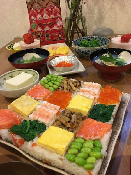 Mosaic style sushi, Miso soup, tea