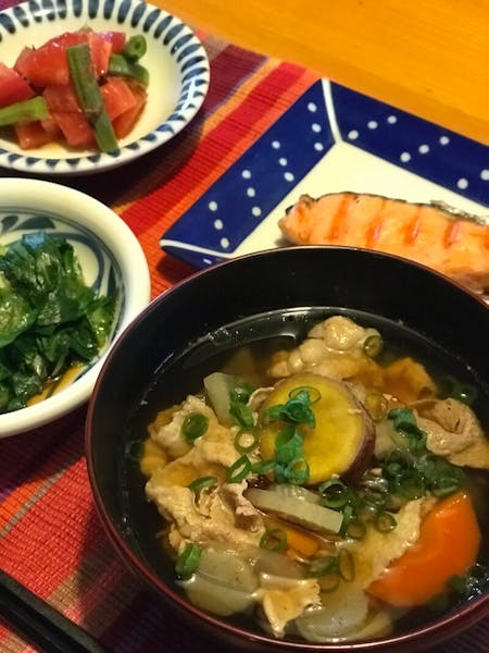 Homemade set meal of Tonjiru, which is Miso soup with pork.