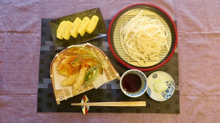 Tempura, Handmade Udon and Dashimakitamago(Japanese Rolled Omelet)