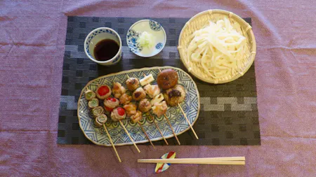 [Minimum 2 people] Handmade Udon Kushiyaki ( Assorted Yakitori and Vegitables )