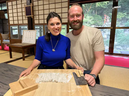 Making soba noodles at Temple
