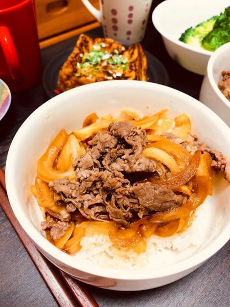 “Gyudon” popular rice bowl menu and “Mitarashi dango” Japanese traditional sweets