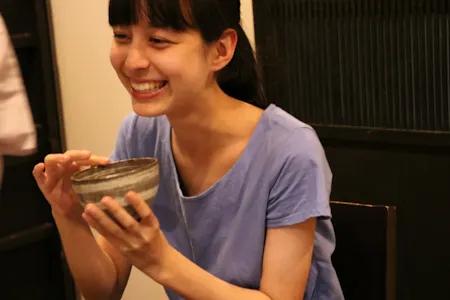 Tea ceremony casually at the table with main and dry sweets in Kyoto