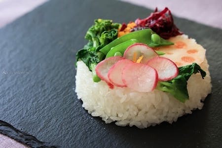 3 types of vegan sushi and chamushi (miso soup), Japanese sweets, and matcha green tea
