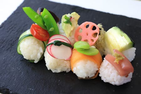 3 types of vegetarian sushi and chawanmushi (miso soup), Japanese sweets, and matcha 