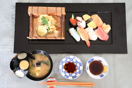 Nigiri Sushi , Tempura,Miso soup,Japanese sweets and Matcha （Tea ceremony）