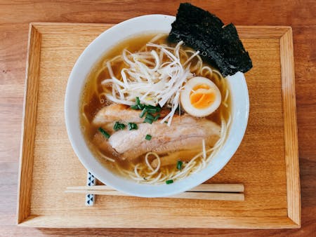 Ramen with char siu meat and boiled egg.