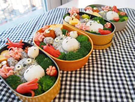 Cute Character bento made by friends for group.