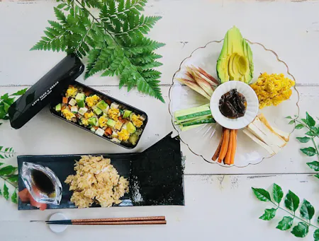 Vegan Temaki Sushi and Chirashi Sushi in a bento box