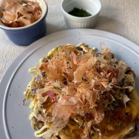 Let's have fun making and eating Okonomiyaki and Yakisoba (Fried noodles) together!!Matcha( tea ceremony),Japanese sweets (Gluten free acceptable)