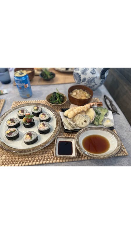 Two types of  Roll sushi ,Tempura or Karaage , Spinach with Sesame dressing and Miso soup and Special Coffee dessert  at my home kitchen in Tokyo by Ryoko's Cozy Cooking Class (Vegetarians are welcome！)
