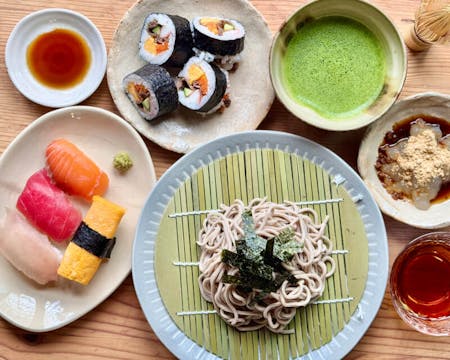 Nigiri & Wagyu Sushi & Chilled Soba Noodles with  Matcha & wagashi ,Casual Tea Ceremony