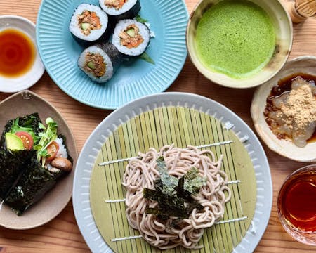 Delicious Even for Vegans?  Sushi & Zaru Soba (Chilled Soba Noodles) with Matcha & Wagashi