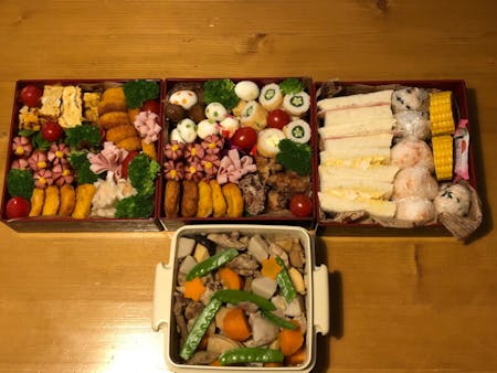 Miso soup, Japanese bento,Japanese omlet,gyoza,motsu nabe which is a famus local food at Fukuoka.