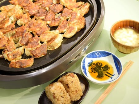 'Kashiwa-meshi' Chicken Rice Onigiri(Fukuoka's local speciality), Gyoza(Japanese dumplings, with meat or veggie), Miso Soup
